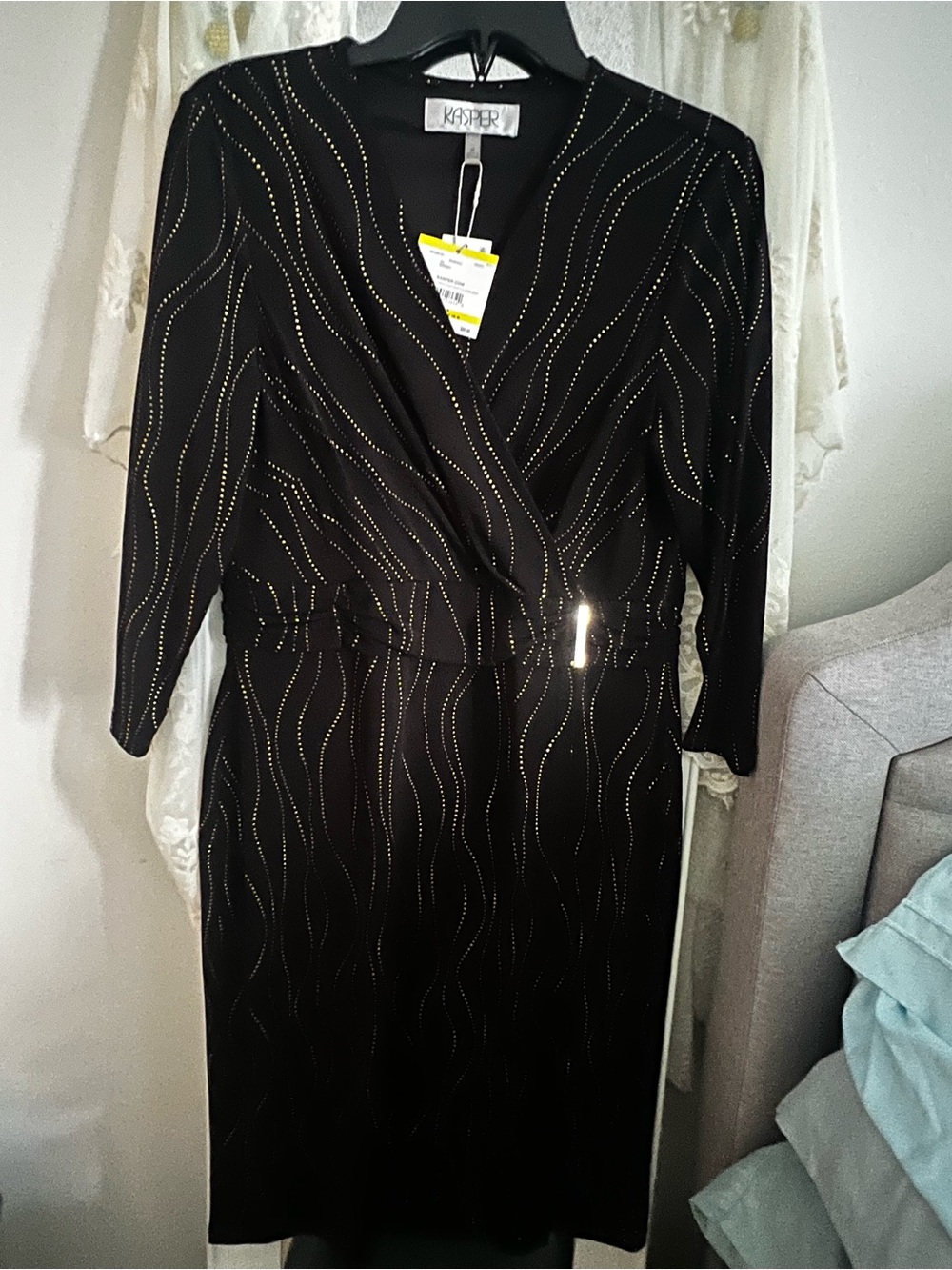 Kasper Black Long-Sleeve Faux-Wrap Dress with Gold Dot Wave Detail